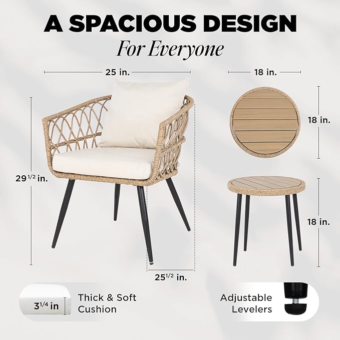 Idzo Heavy Duty 500lbs Weight Capacity Wicker Bistro Table and Chairs Set of 2