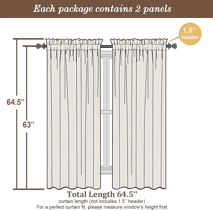 Chyhomenyc Semi Sheer Curtains 63 Inch Length 2 Panels