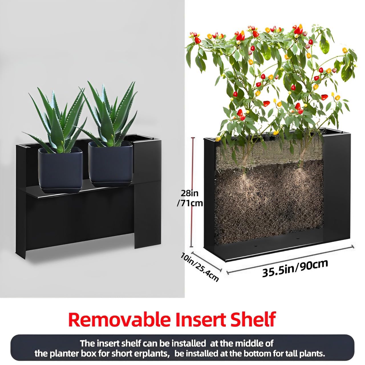 Megawodar Metal Tall Long Planter Box Large Rectangular Planter Flower Pot with Drainage Holes for Indoor Outdoor Deck Porch Garden Home Patio Front Door (Black, M)