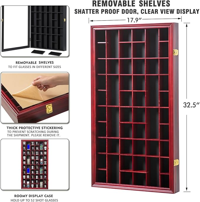 Shot Glass Display Case Large Wooden Cabinet Rack Holder Wall Mounted Mahogany