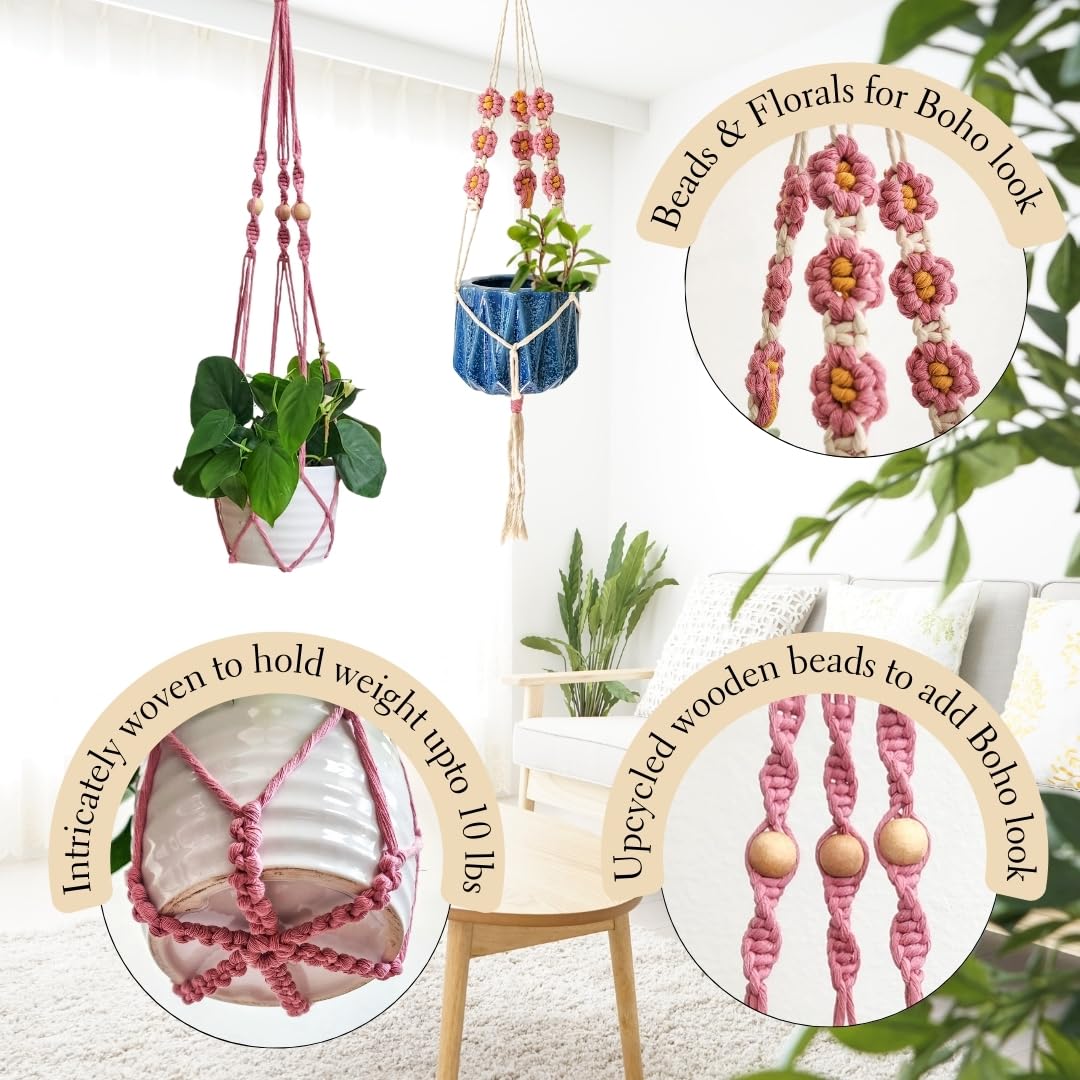 Set of 2 Macrame plant hanger with Daisies & Beads | Hanging plant holder Macrame Plant hangers outdoor and indoor hanging planters Plant stand indoor Boho Decor hanging planter stand (Champagne Pink)