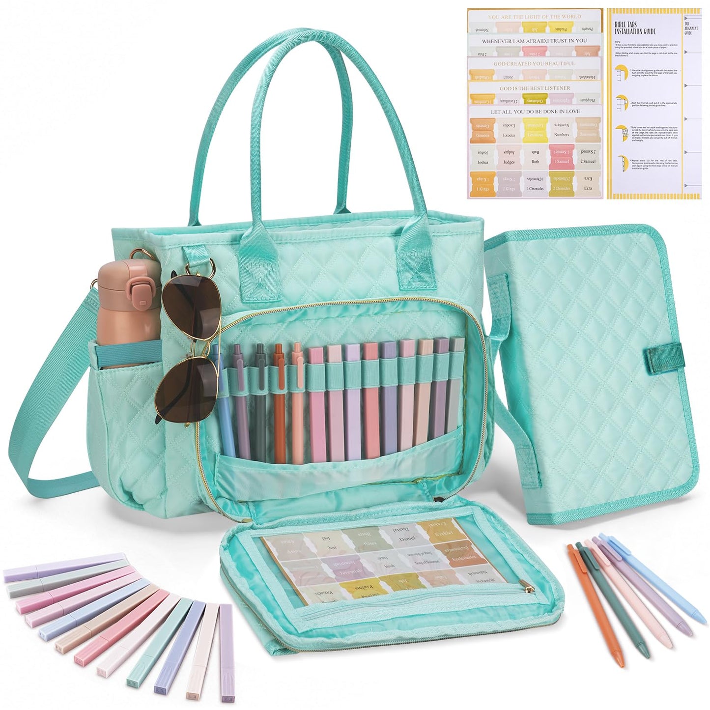 KOPKOFT Large Bible Cover Case for Women, Quilted Church Tote Bag with Shoulder Strap, Bible Study Supplies Journaling Kit Bible Accessories, Christmas Christian Gift for Women (Blue Green)