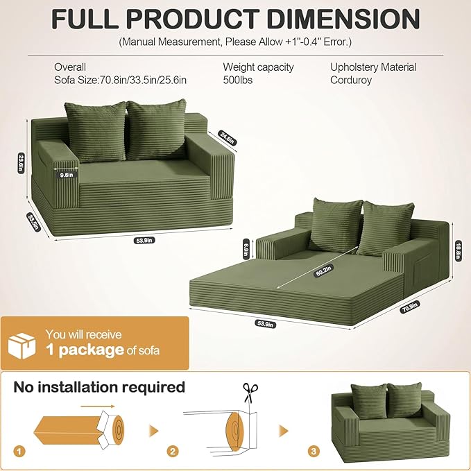 Erament Boneless Loveseat Convertible Sofa Bed, Folding Floor Futon Sleeper