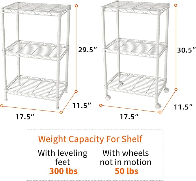 SINGAYE 3 Small Shelves Storage Shelf Wire Shelving Unit Metal Shelf Adjustable Organizers Storage Shelving with Wheels for Bathroom Laundry Room Kitchen Pantry11.5”D x 17.5”W x 30.5”H White