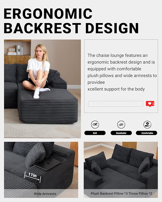 108" Cloud Sectional Couch, Modern Modular Sectional Sofa