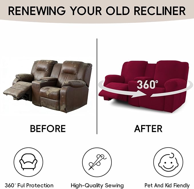Recliner Loveseat Covers with Console, 6-Piece Stretch Geometric Strokes