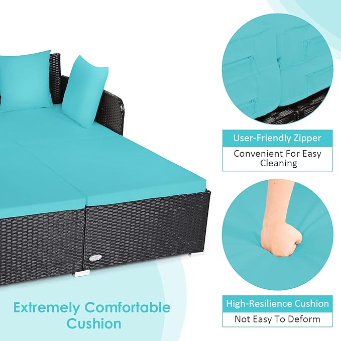 COSTWAY Outdoor Patio Rattan Daybed, Sponge Cushioned Loveseat Sofa