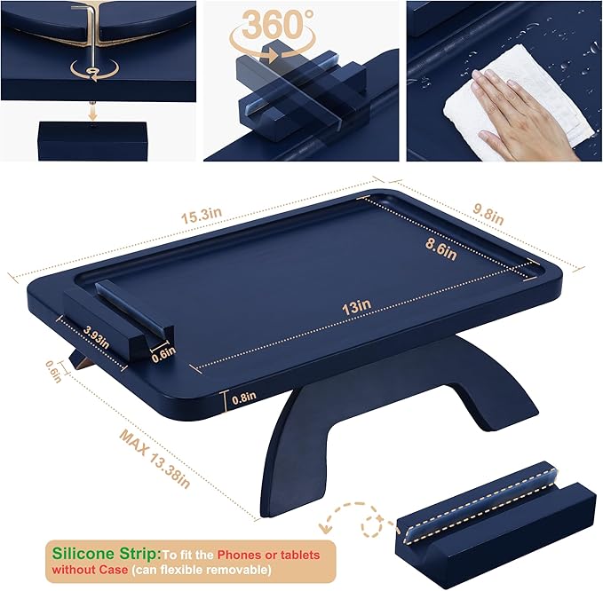 SINWANT Couch Armrest Table, Bamboo Couch Arm Table 360° Phone Holder, Foldable