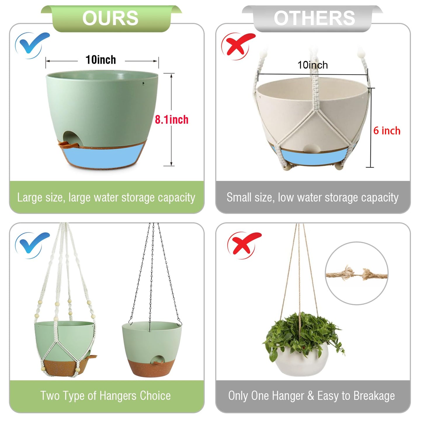 Meowell 10 inch Self Watering Hanging Planters for Indoor Plants, 2 Pack Hanging Baskets for Outdoor Plants, Hanging Flower Pots with Drainage Holes & 2 Kinds of Plant Hangers for Home Decor, Green