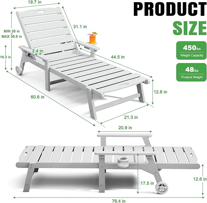 Outdoor Lounge Chair with 5-Position Adjustable, Outside Lounge Chair with Cup