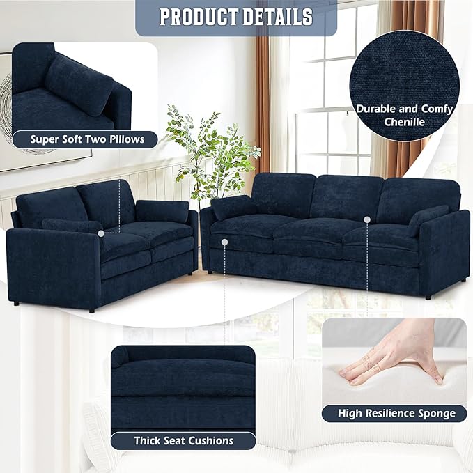 Classic Chenille Sofa Set with 2 Extra Armrest Pillows, Loveseat and 3-Seat