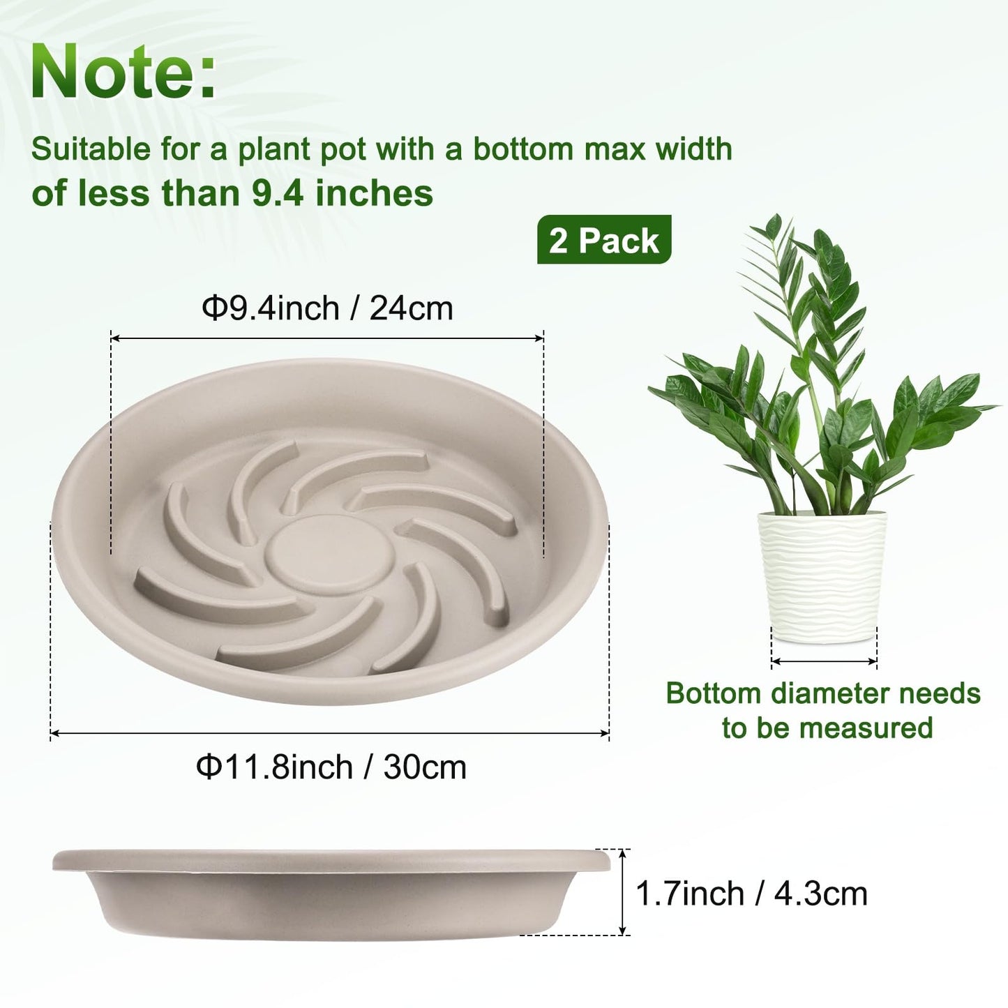 M METERXITY 2-Pack Plant Saucers, 9.4 Inch ID Anti-Rot Root Resin Flower Pot Plant Saucers for Indoor/Outdoor, Flowerpot Drip Tray [11.8 Inch OD, Gray White]