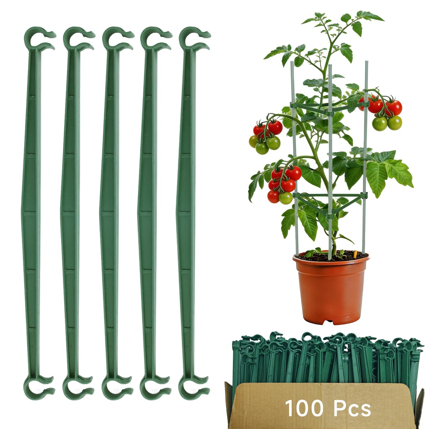 100pcs Garden Stakes Arms for Tomato Cage, TomatoTrellis Connectors, Attach 0.63 Inch Dia Tomato Stakes Connector and Plant Stick Supports, 11.8in Plastic Connecting Rod (16mm，No Stake)