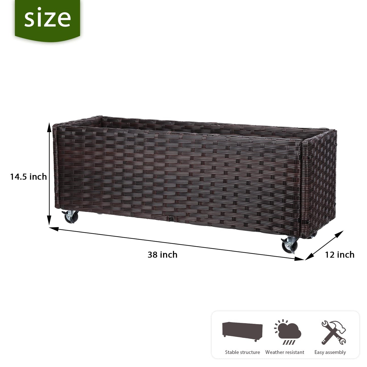Chonsun Raised Garden Bed with Wheels - Rattan Wicker Elevated Raised Garden Bed Outdoor Raised Planter Box for Vegetables Grass Lawn Yard, 38 x 14.5 x 12 in, Brown