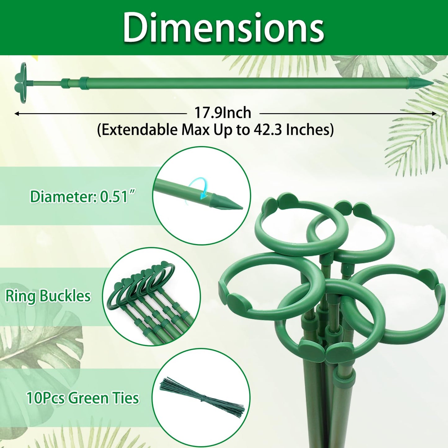 Extendable Plant Stakes, Length Scalable from 17.9IN to 42.3IN Plant Support Stake, Orchid Sticks with Clips for Indoor Outdoor,Garden Stakes for Plant,Tomato,Vegetables,Monstera,Vine - 5Pack