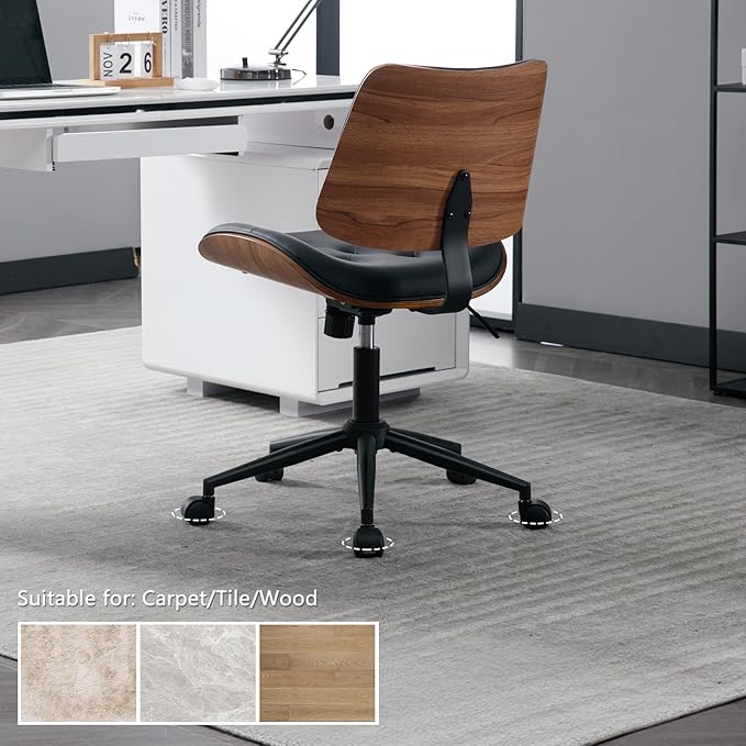 Armless Home Office Chair with Wheels, PU Leather Adjustable Height Computer
