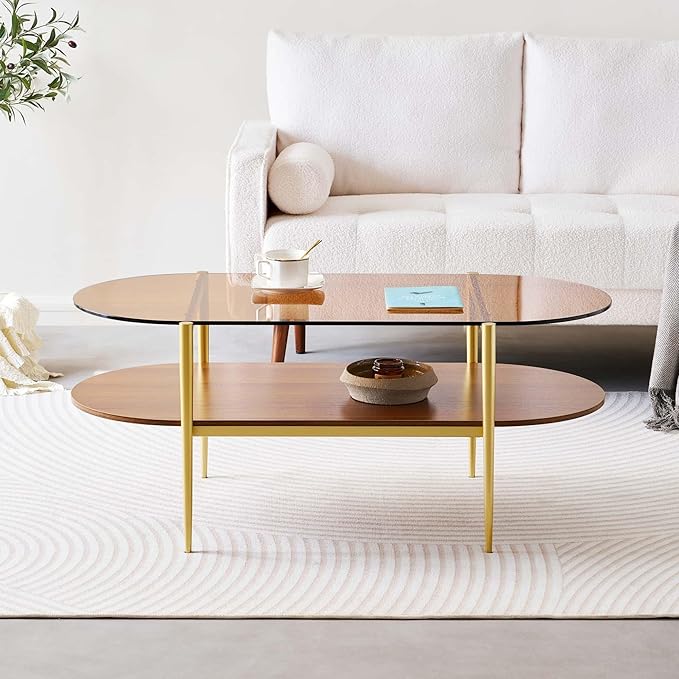 LumFurn Oval Glass Coffee Table, Mid-Century Modern Design, L41 x W21 x H17 inch