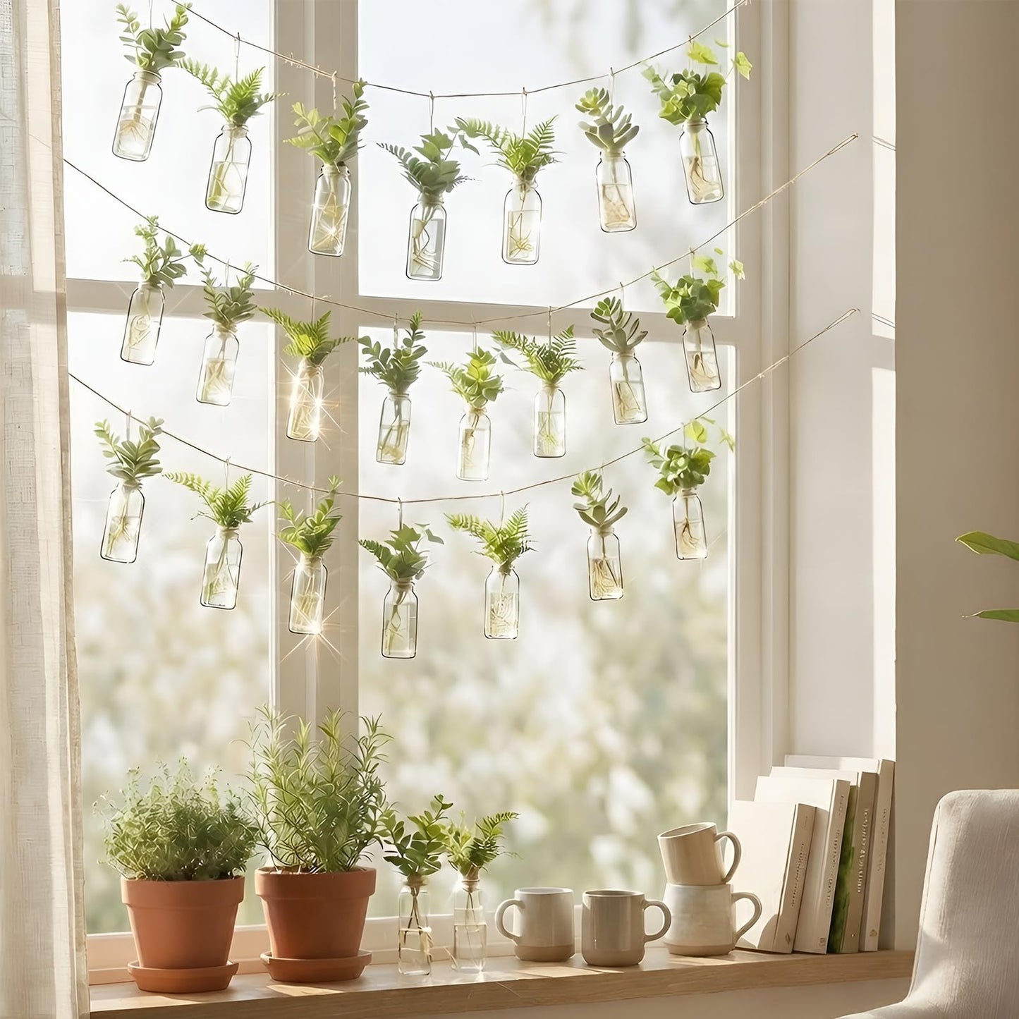 Ferrochef 40 Pcs Hanging Plant Propagation Jars Mini Glass Hanging Planters Glass Hydroponic Plant Cutting Bottles with Rope Window Wall Planter for Indoor Plants Home Decor