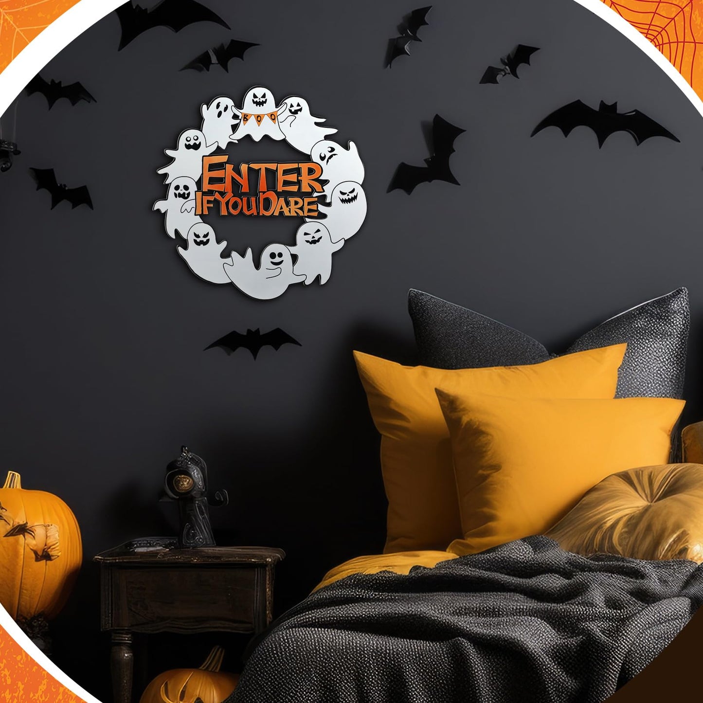 MorningRo Metal Ghost Wreaths for Front Door Halloween Hanging Wreaths Halloween Boo Enter If You Dare Hanging Welcome Sign for Porch Wall Home Outdoor, 13 Inch