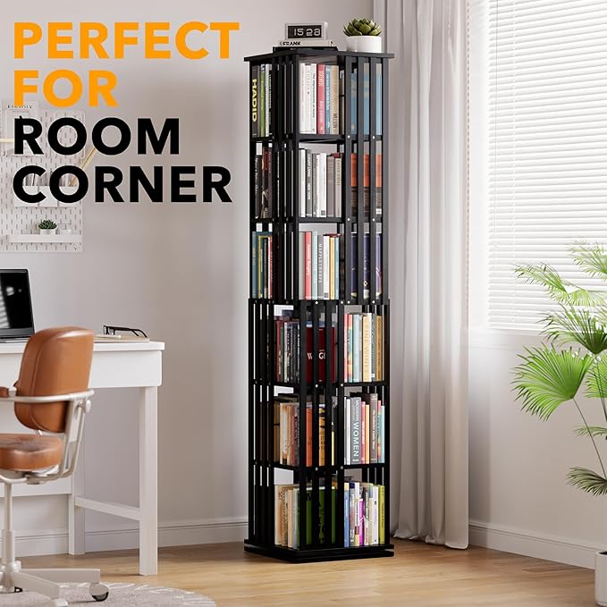 SpaceAid 6 Tier Rotating Bookshelf Tower, Bamboo Spinning Book Shelf, Revolving