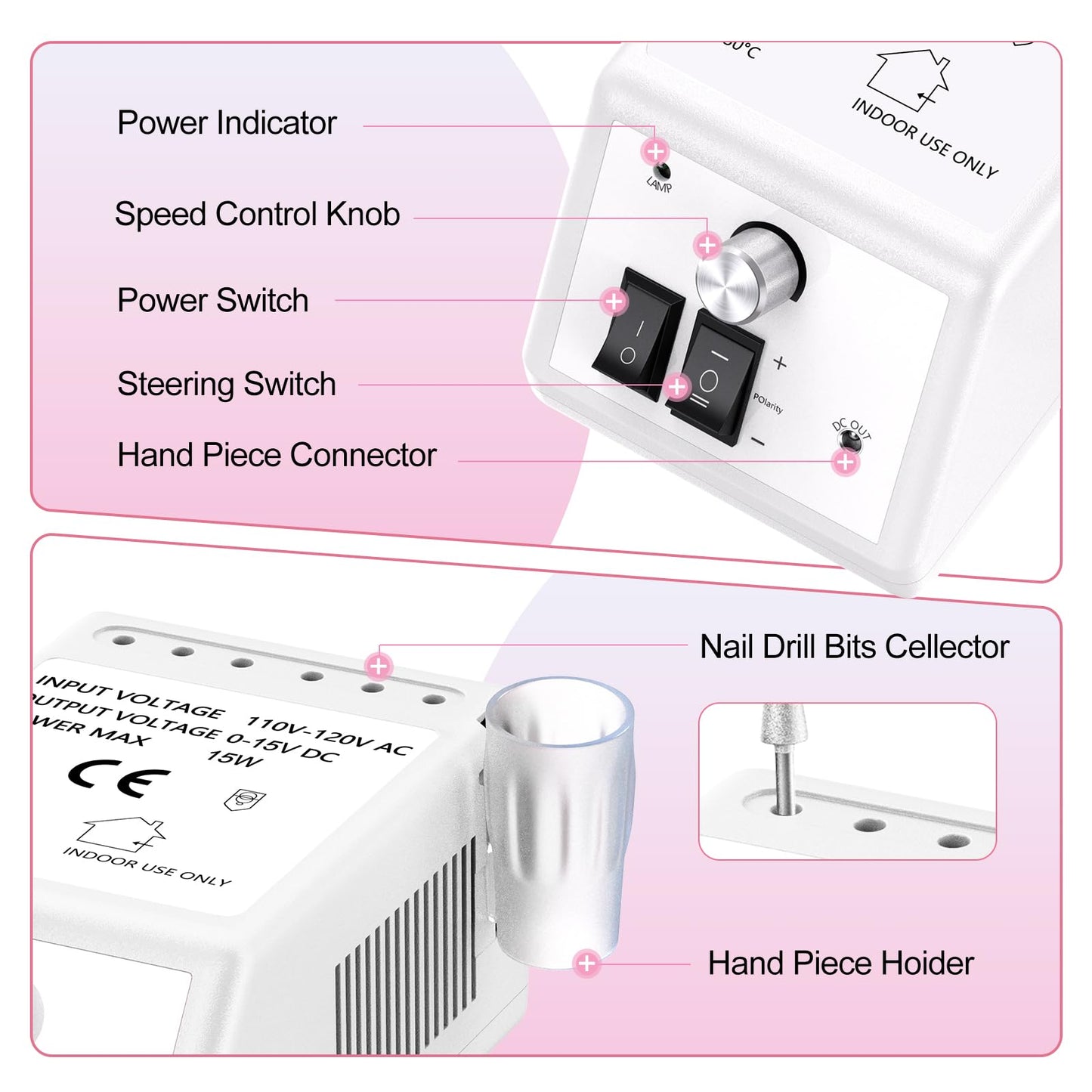 20000RPM Electric Nail Drill Professional Nail File Drill Acrylic Nails Kit for Manicure Gel Nail Polish Remover with 1 Pack of Sanding Bands(Pink)