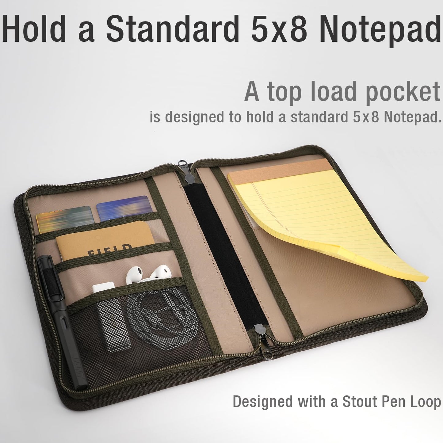 Krozur A5 YKK Zipper Notebook Journal Planner Sketchbook Cover for 5.5 x 8.25 Moleskine Cahier 5 x 8 legal note pads A5 LEUCHTTURM, Pen Loop, Water Resistant Cover, Classy Waxed Canvas, Olive