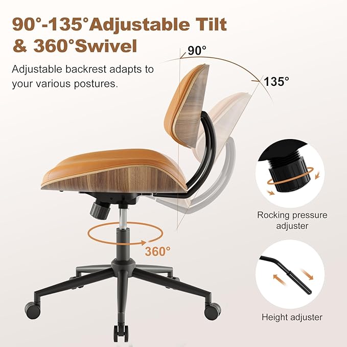 Armless Office Chair with Wheels, PU Leather Adjustable Height Desk Chair