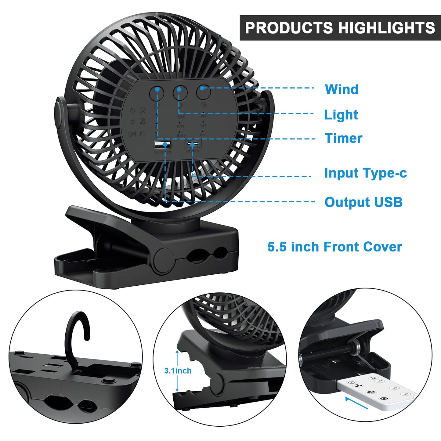 OUTERFAN Portable Fan with Remote Control & Timer & LED Lights, 60hrs 12000mAh USB Rechargeable Battery，Clamp/Hanging/Stand Up, Small Clip on Fan for Baby Stroller, Bed, Desk, Camping Tent, Travel