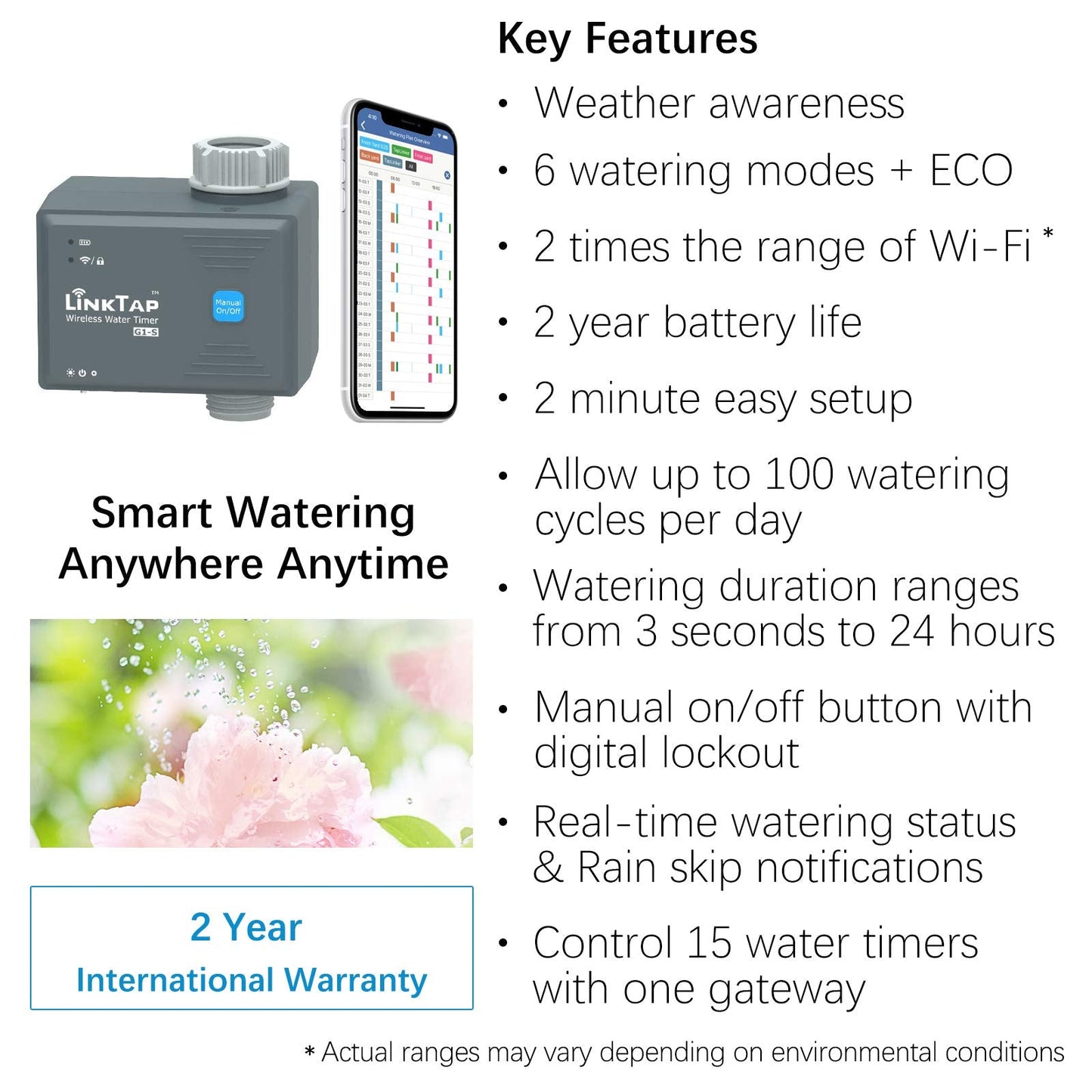 LinkTap G1S Wireless Water Timer & Gateway - Smart Sprinkler Timer with App, Remote Irrigation for Garden, Weather Aware, Greater Range Than WiFi, Anti-Freeze Protection, 2 Year Battery Life, IP66