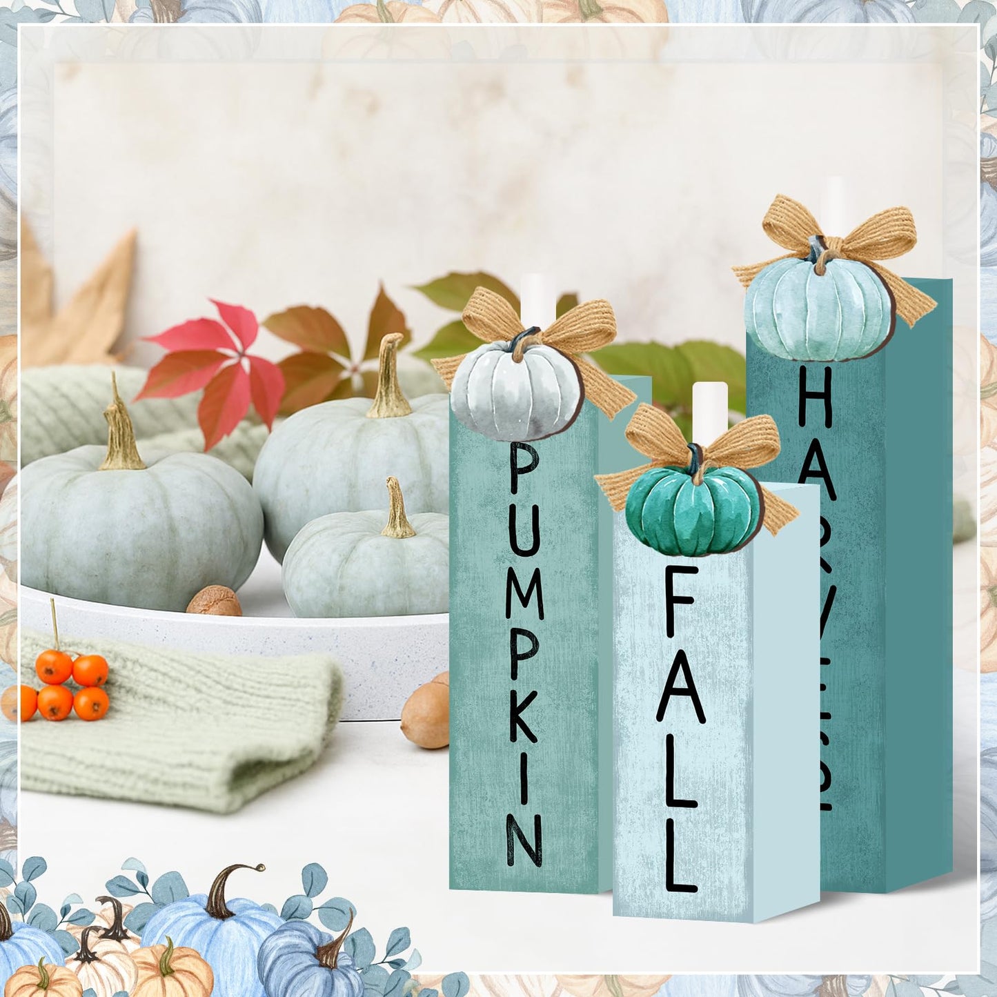 3 Pcs Blue Fall Decorations for Home, Blue Pumpkin Tiered Tray Decor Farmhouse Fall Thanksgiving Wooden Table Decor Autumn Harvest Tabletop Centerpieces for Home Kitchen Indoor Mantel