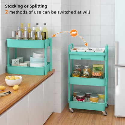 Calmootey 3-Tier Rolling Utility Cart with Drawer,Multifunctional Storage Organizer with Plastic Shelf & Metal Wheel,Storage Cart for Kitchen,Bathroom,Living Room,Office,Green