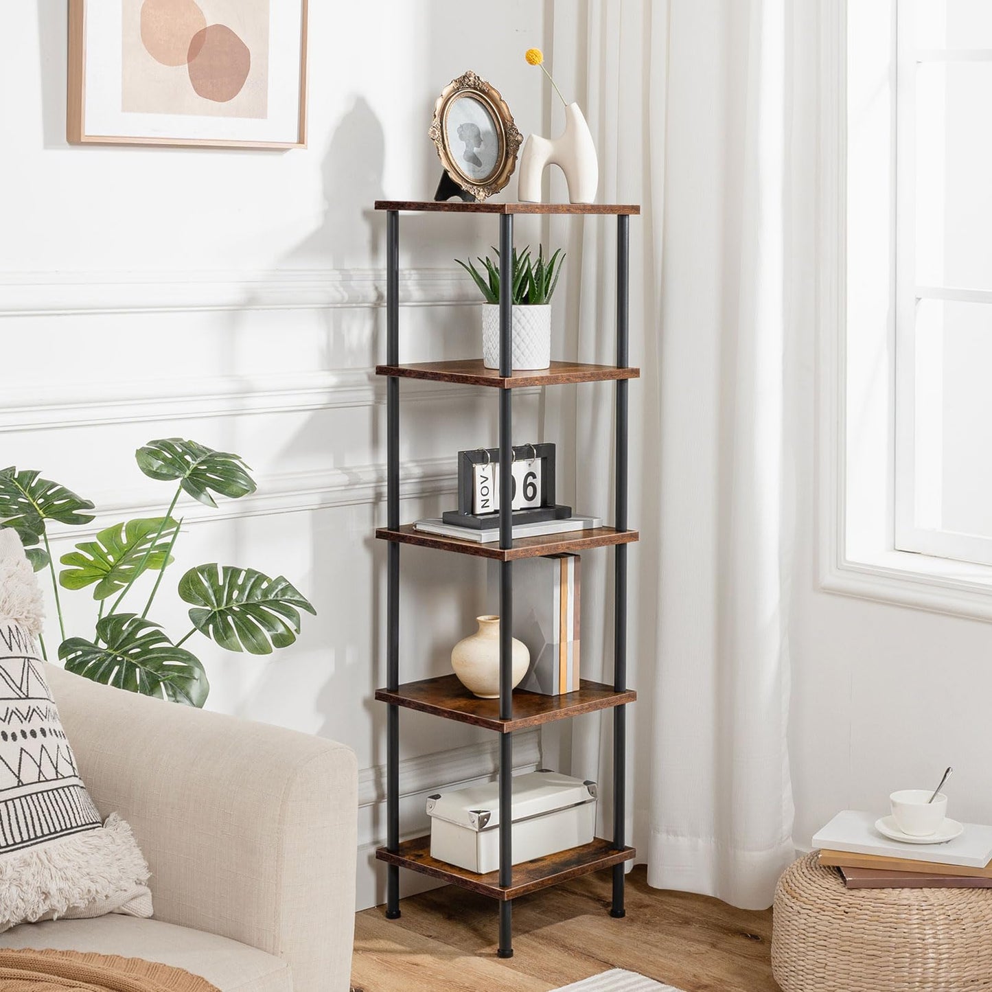 HOOBRO 5-Tier Corner Shelf Stand, Corner Square Rack Display Shelf, Tall Storage Plant Stand, Bookcase for Small Spaces, Living Room, Home Office, Kitchen, Rustic Brown and Black BF50CJ01