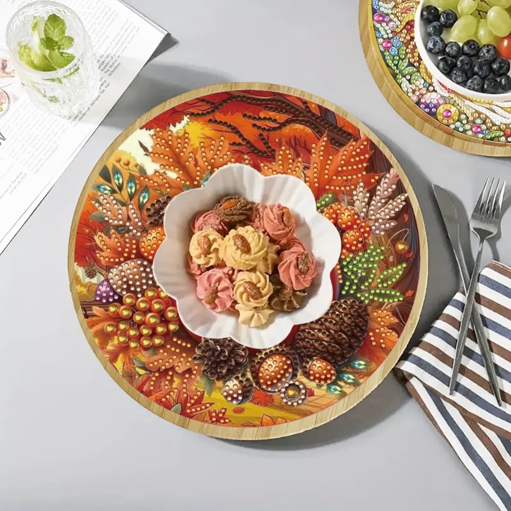 ARTopet DIY Diamond Round Serving Tray Diamond Art Painting Creative Design Handmade Bamboo Tray Dinner Plate for Coffee Breakfast Home Organizer-Fall Pumpkins