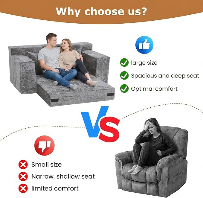 Loveseat Sofa Bed, Convertible Silky Velvet 5-in-1 Foldable Boneless Sleeper