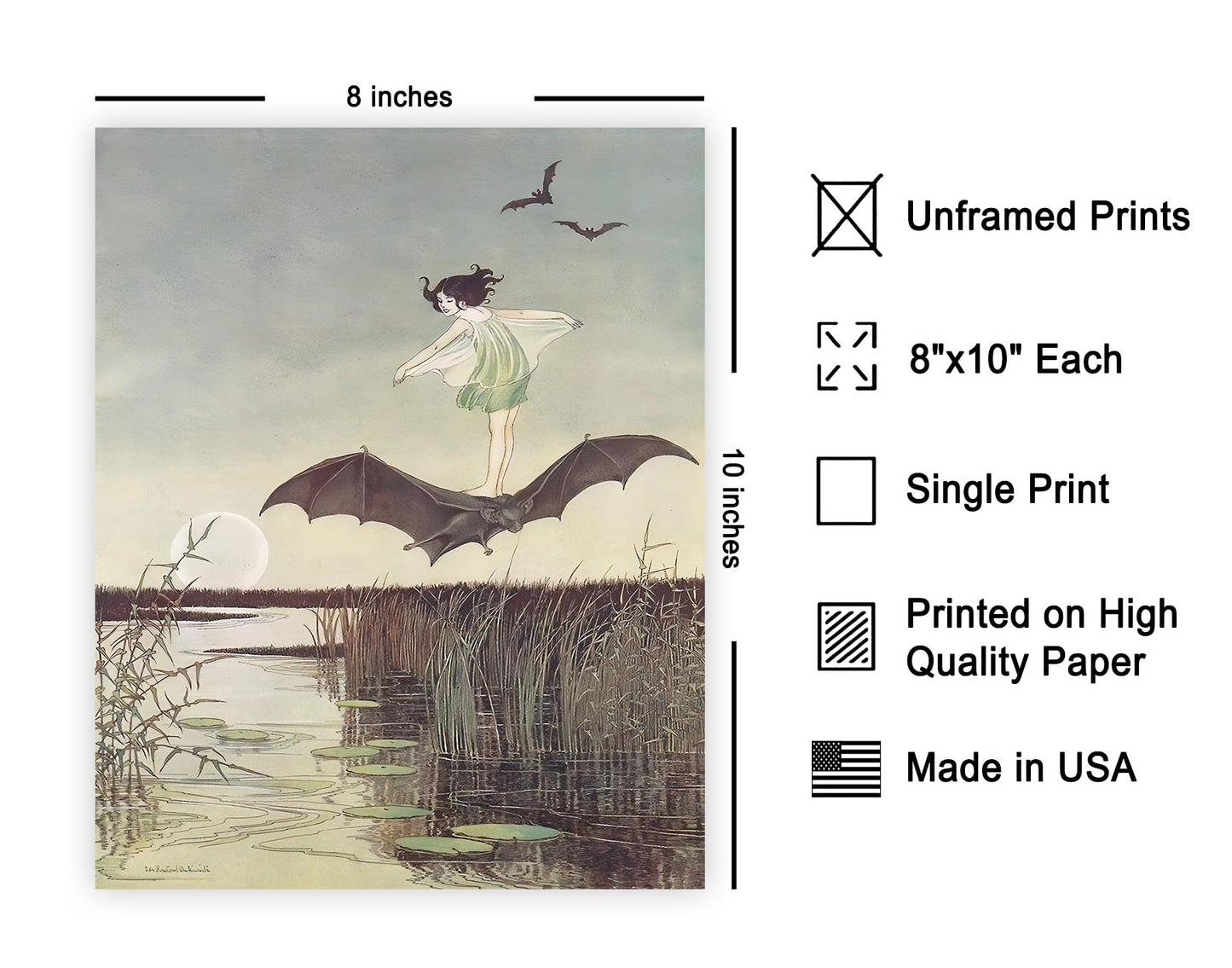 Poster Master Vintage A Winged Fairy and Black Bat Poster - Fairytale Print - Mythical Art - Fairy Art - Sunset Creative - Halloween Showcase - Aesthetic Living Room or Bedroom Display - 8x10 UNFRAMED Wall Display