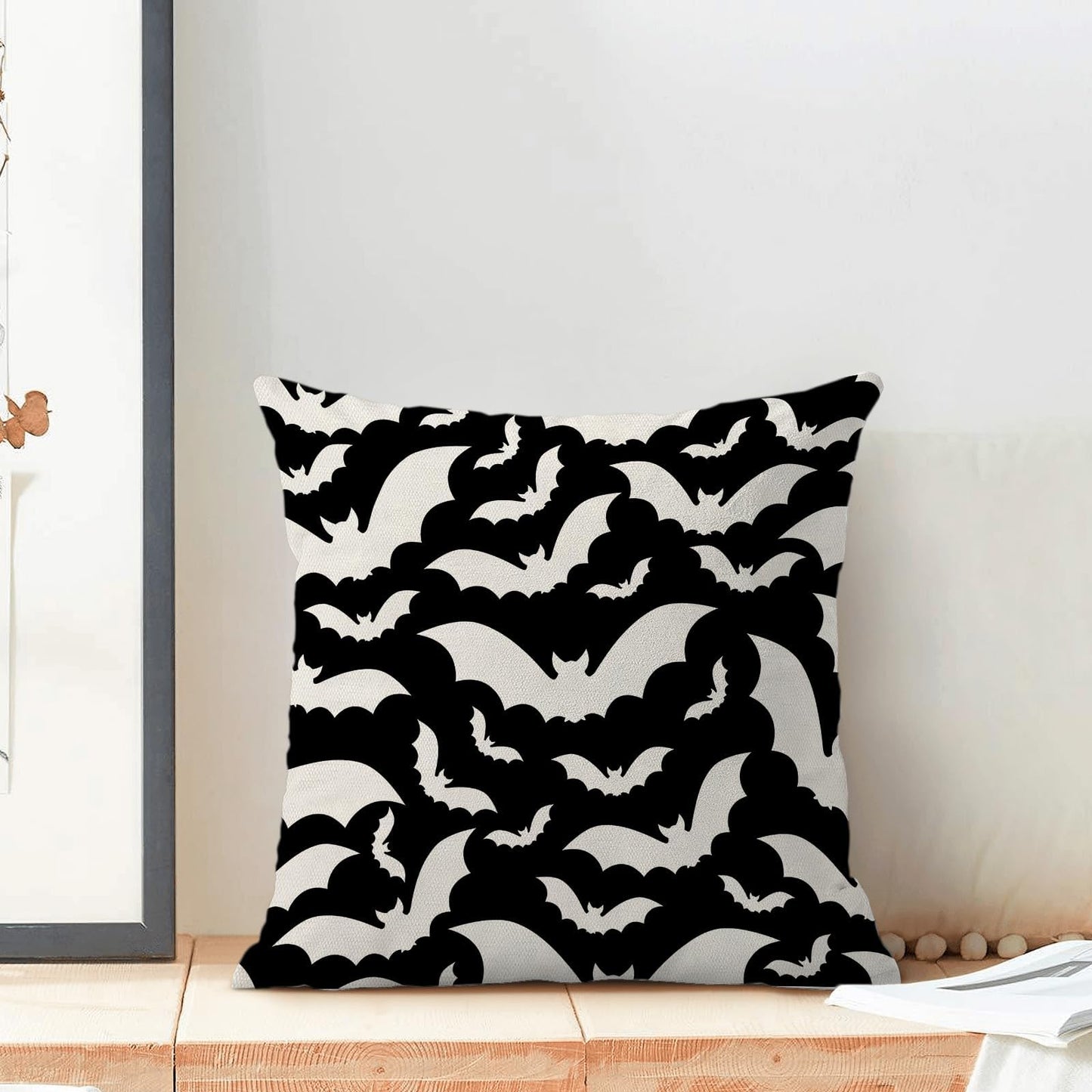Halloween Pillow Covers 16x16 Inch Set of 2,Black and Cream Bats Throw Pillows Case,Halloween Outdoor Decorative Linen Farmhouse Decor Cushion Covers for Home Sofa Bed Couch