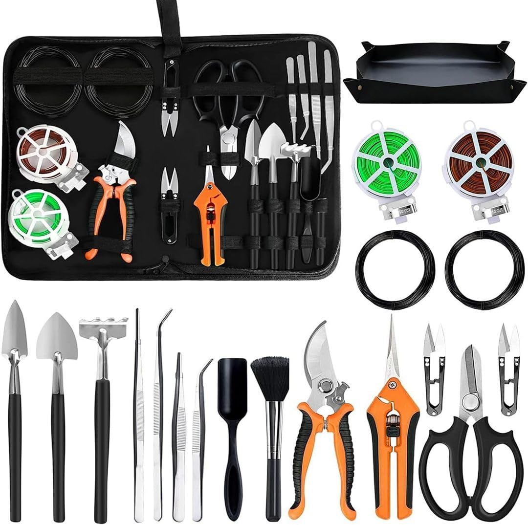 Bonsai Tools Set, 20-Piece Bonsai Tools Set with Waterproof Repotting Mat, Pruning Shears, Scissors & Training Wire - Indoor Gardening Starter Gifts for Women, Men & Beginners