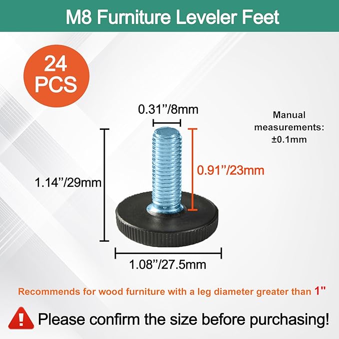WAFJAMF 24 PCS M8 Thread Adjustable Furniture Levelers Screw in Threaded