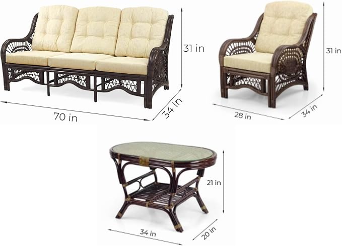 Malibu Lounge Set of 4: 2 Natural Rattan Wicker Chairs, Three-Seater Sofa