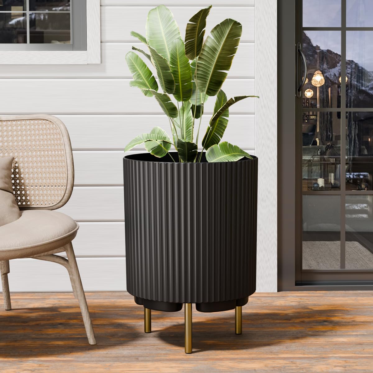 FONTOI 20.3'' Planter Stand, Plastic Striped Planter Stand with 3 Holder, Round Plant Stand for Outdoor/Indoor Planters, Plant Stand for Tall Plants Porch Decor, Black