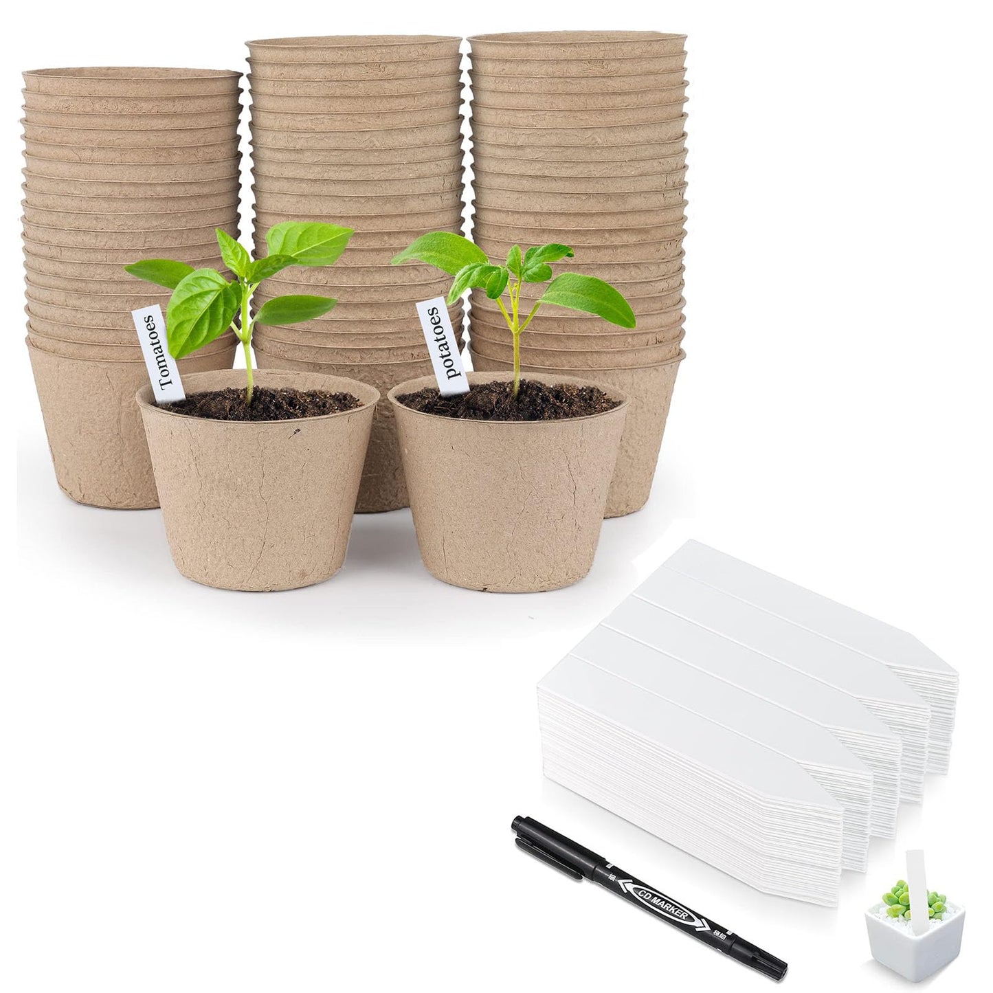 homenote Peat Pots, 4 Inch Seed Starting Pots with Drainage Holes Round(120 Pcs) with 4 Inch Plastic Plant Labels Waterproof Plant Tags(200 Pcs)