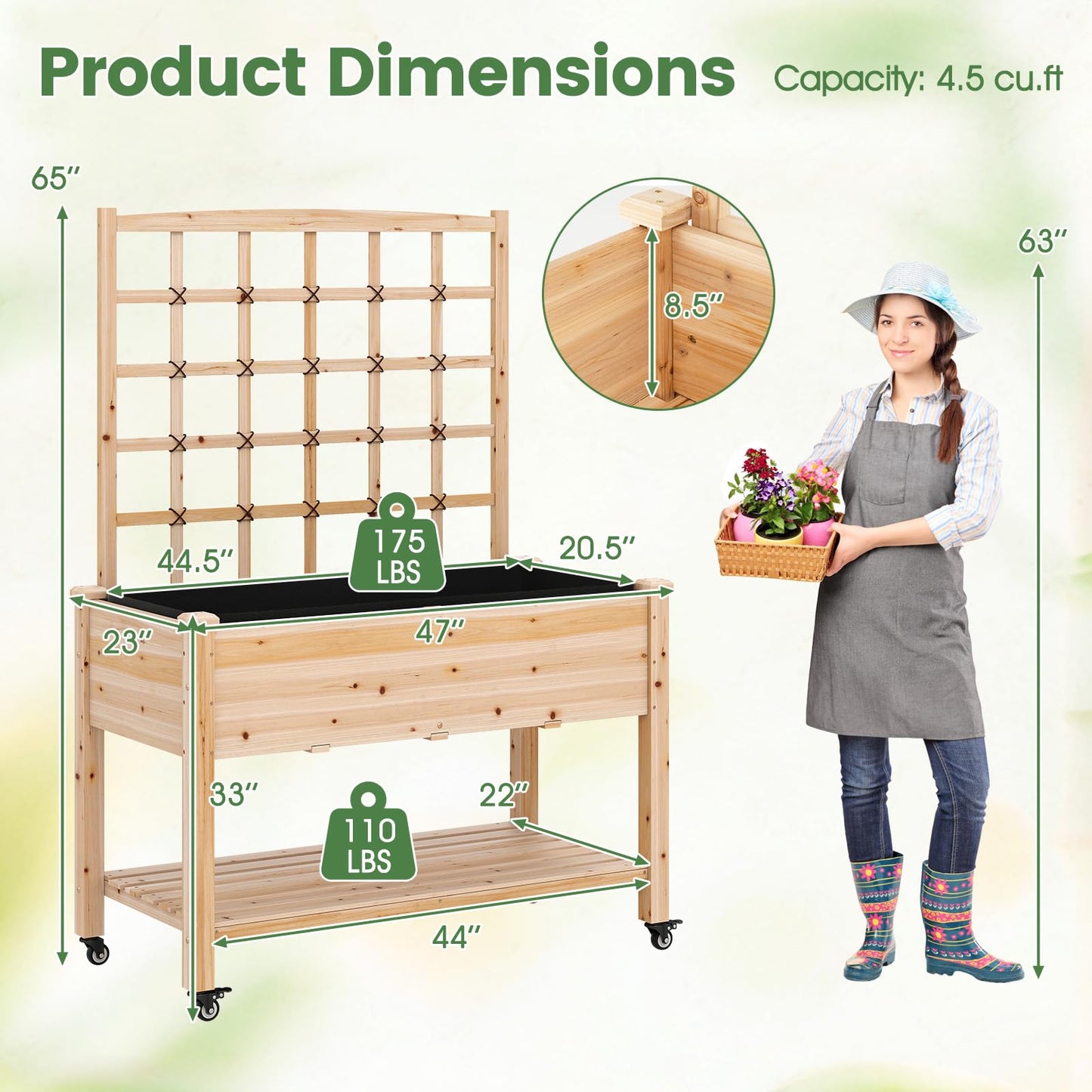 Giantex 65'' Wooden Raised Garden Bed w/Trellis on Wheels, Mobile Elevated Planter Box w/Legs, Liner & Drainage Holes for Climbing Plant Vegetable Herb Flower, Outdoor Garden Box, Backyard Balcony