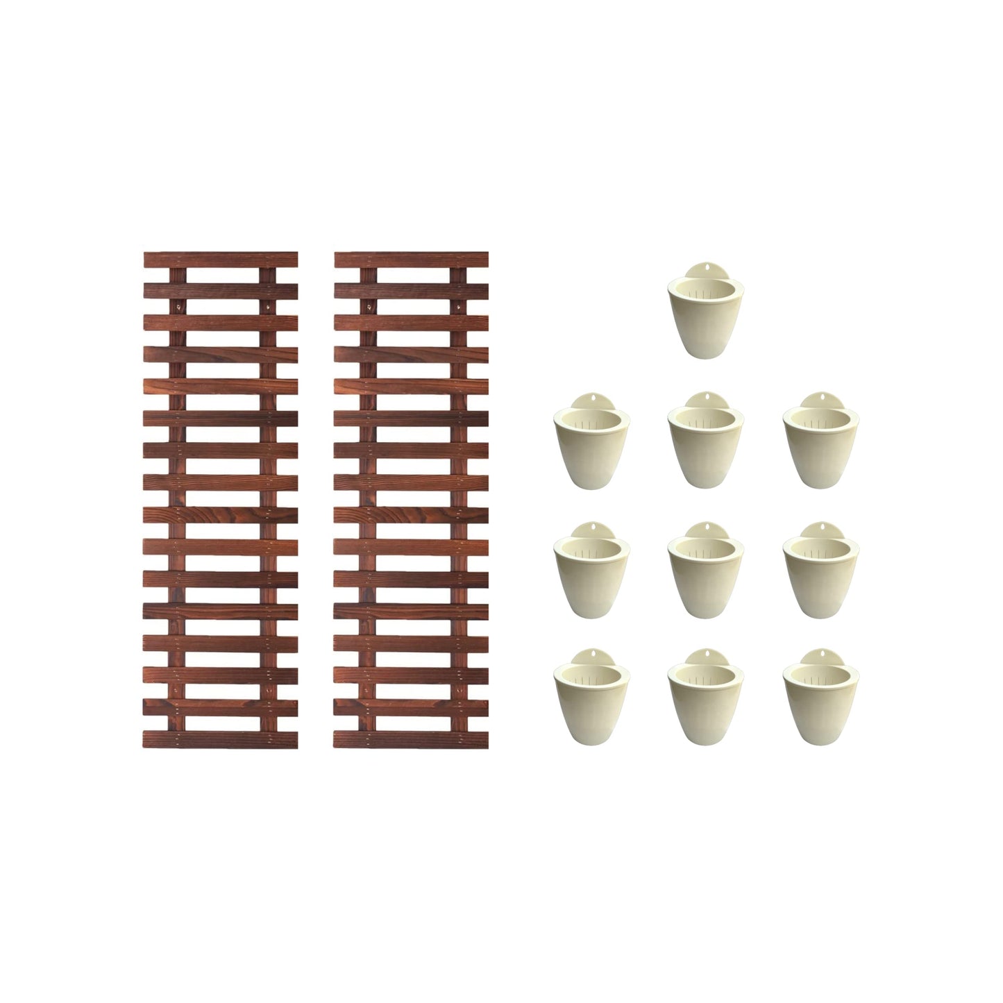 LalaGreen Bundle - 4 Inch, 10 Pack Self Watering White Plastic Pot + 2 Pack Wooden Plant Holder Wooden Hanging Planter, Plant Stand, Air Plant Succulent Holder, Outdoor Vertical Garden
