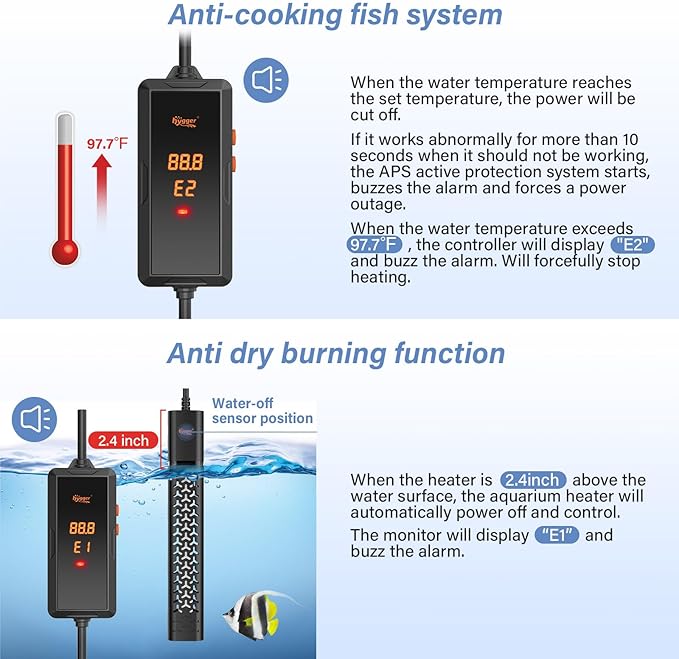 hygger 300w Aquarium Heater, Fish Tank Heater with Intelligent Temperature Control, Over-Temperature Protection and Automatic Power-Off When Leaving Water, for 40-75 Gallon Tanks