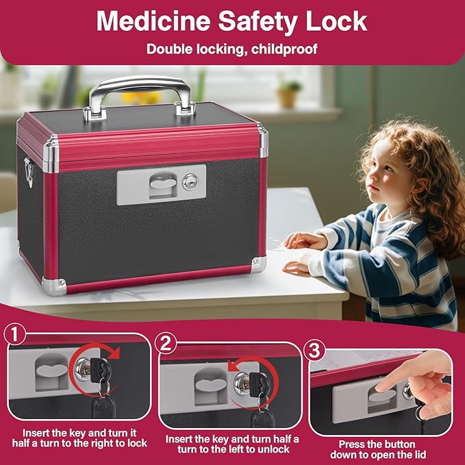 GODLONSEN Medicine Lock Box for Safe Medication - 11.2 x 7.6 x 7.6 Inches - Lockable Storage Box for Drugs, First Aid Kit Empty, Lock Boxes with Key for Home/Outdoor (Black & Red/Medium)