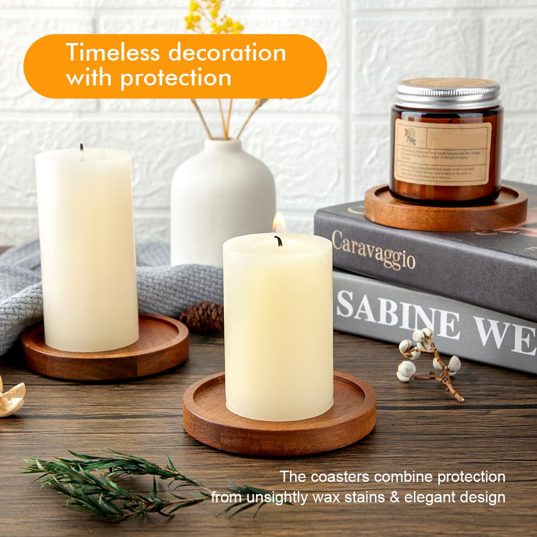 Wood Candle Holder Farmhouse Decor - HALE OTEIR Wooden Pillar Candles Holder for Pillar Floating Candles Set of 4 Round Wooden Plate Pedestal Stand for Coffee Table for Christmas Decor
