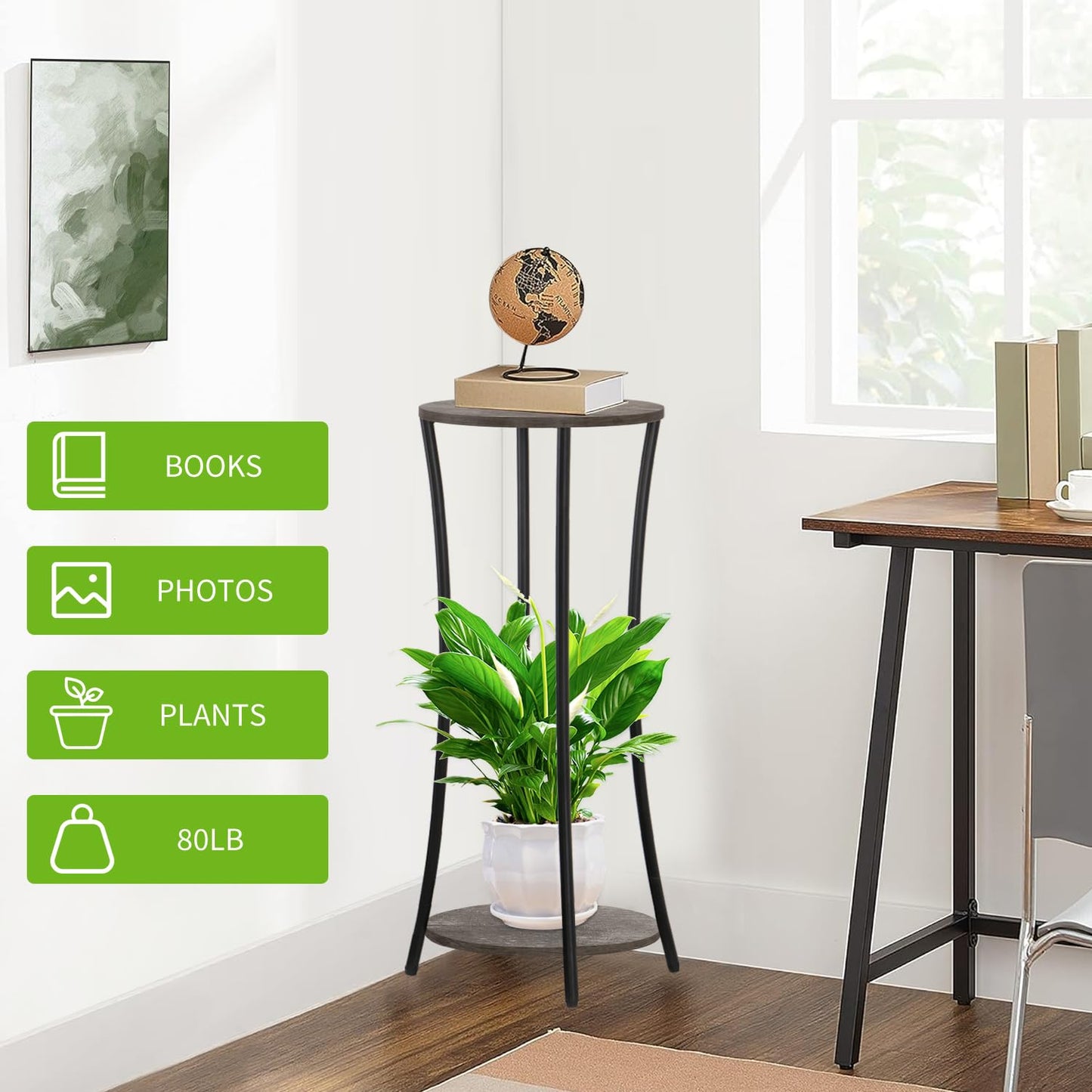 YINMIT Plant Stand Indoor,2 Tier Round Potted Holder Rack,Flower Pot Stand Shelf,Round Supports Rack,Corner Plant Shelf for Balcony Garden Patio Living Room,Grey