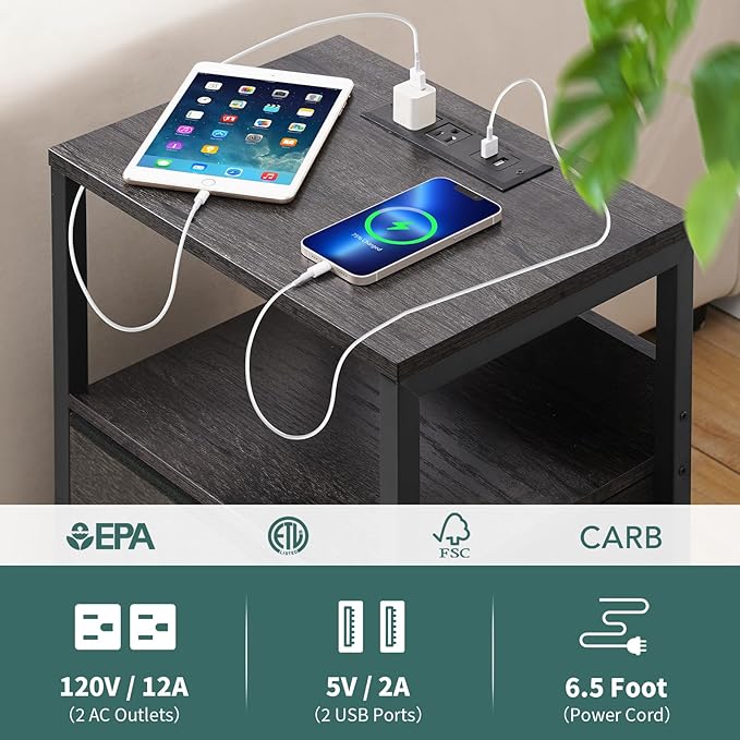 Yoobure Nightstand with Charging Station, LED Night Stand with Fabric Drawers