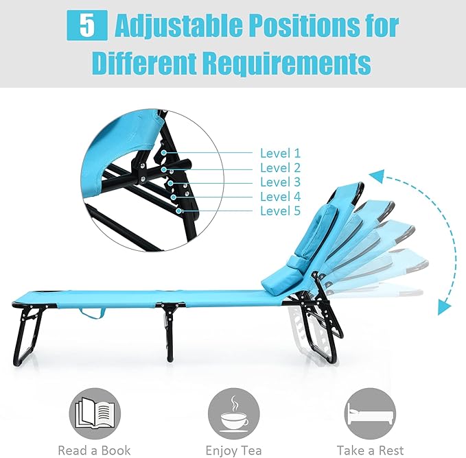 Folding Beach Lounge Chair w/ 5 Adjutable Backrest & Padded Pillow, Sunbathing