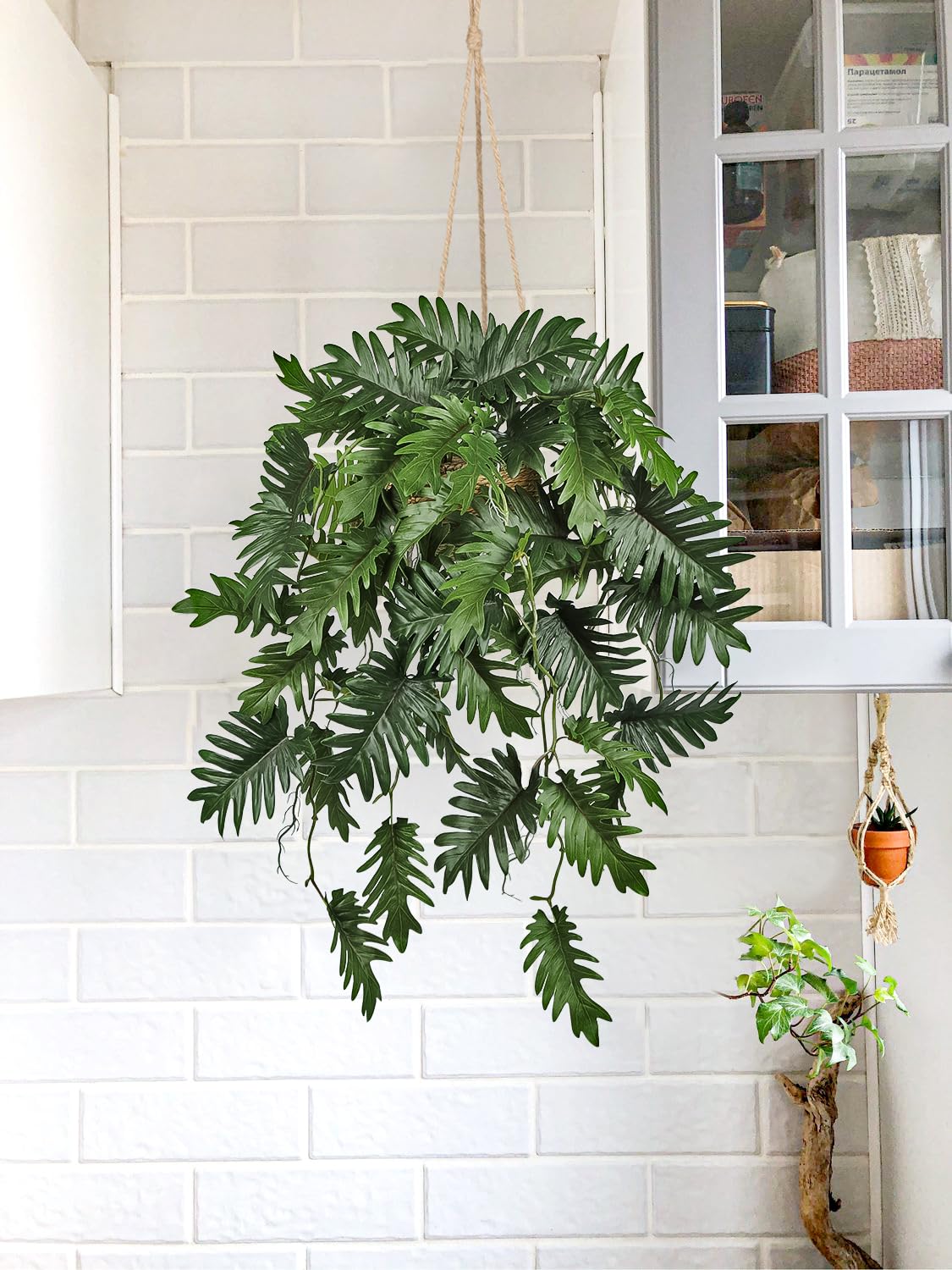 Large Fake Hanging Plants in Pot for Indoor & Outdoor, Long Artificial Monstera Hanging Basket, 27.6" Fake Potted Vines Ivy Greenery Plant for Room Wall Shelf Decor Living Room Bathroom Patio Porch